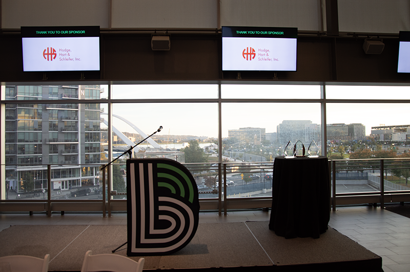 podium stand with a BBBS "B" in front